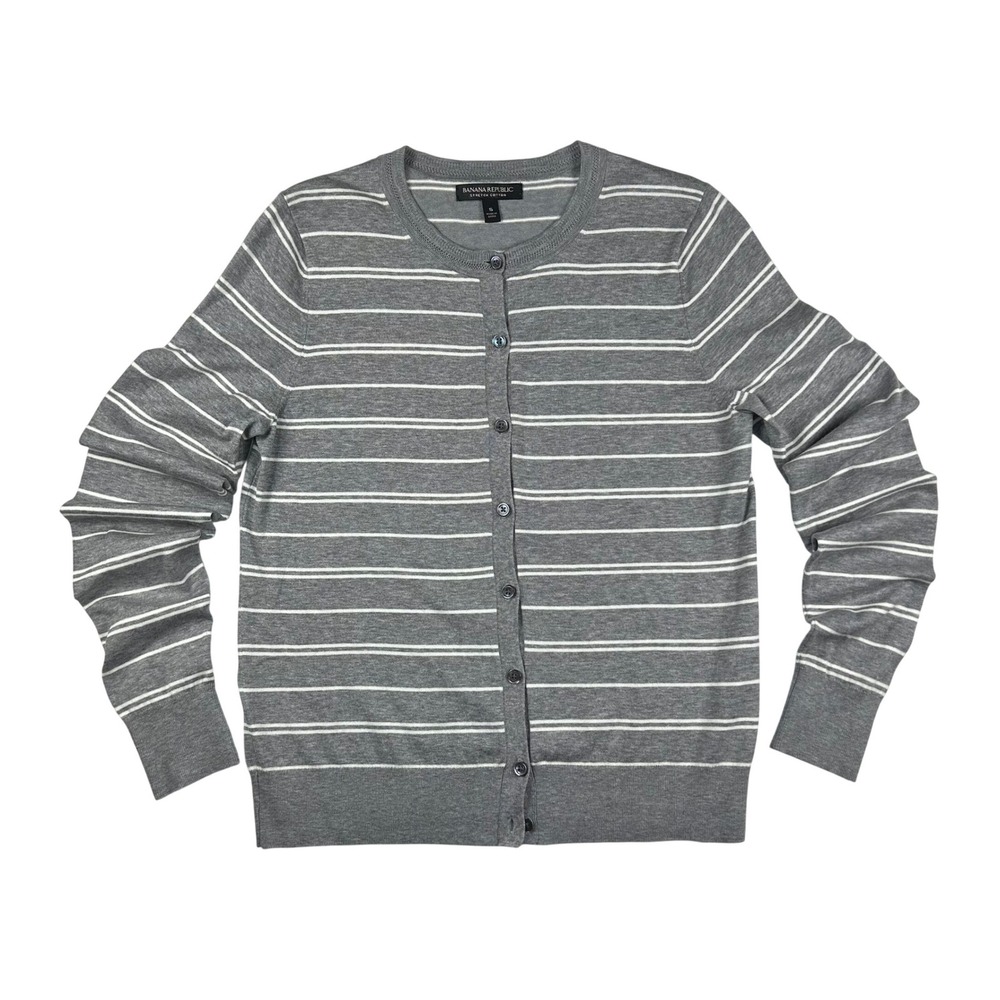 Banana Republic Grey Striped Stretch Cotton Button Front Cardigan Small